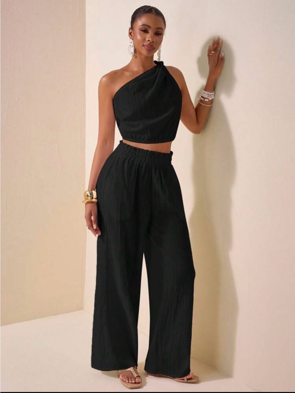 Women’s Black One-Shoulder Crop Top & Wide-Leg Pants Set